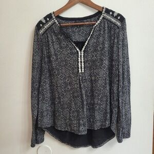 Lucky Brand Long Sleeve Black and White Boho Blouse Size Small